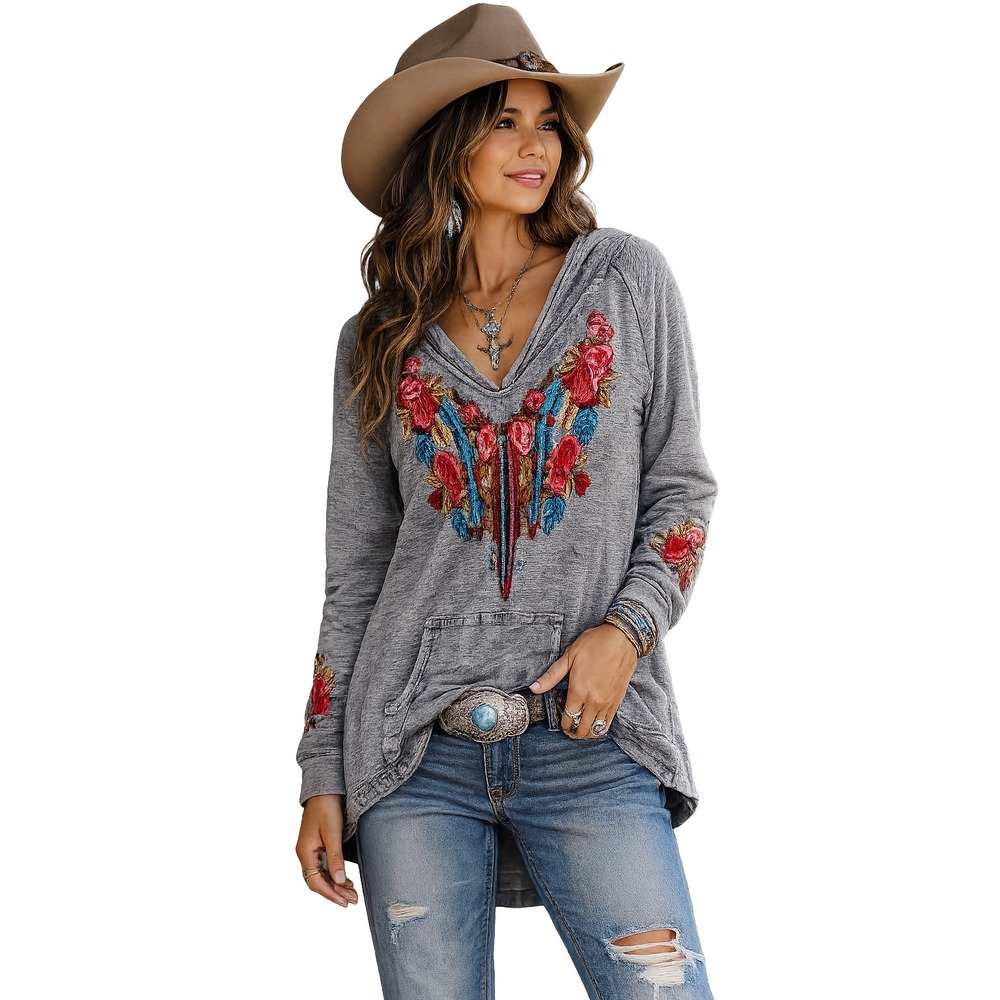 Avani del amour Hoodie Medium Grey Space Dye Floral Embroidered Boho V-Neck